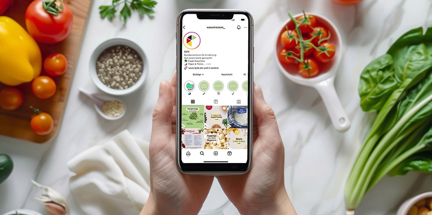 Smartphone mit Ansicht des Instagram Kanals des BZfE. Artikel "Newsroom und Öffentlichkeitsarbeit" öffnen.