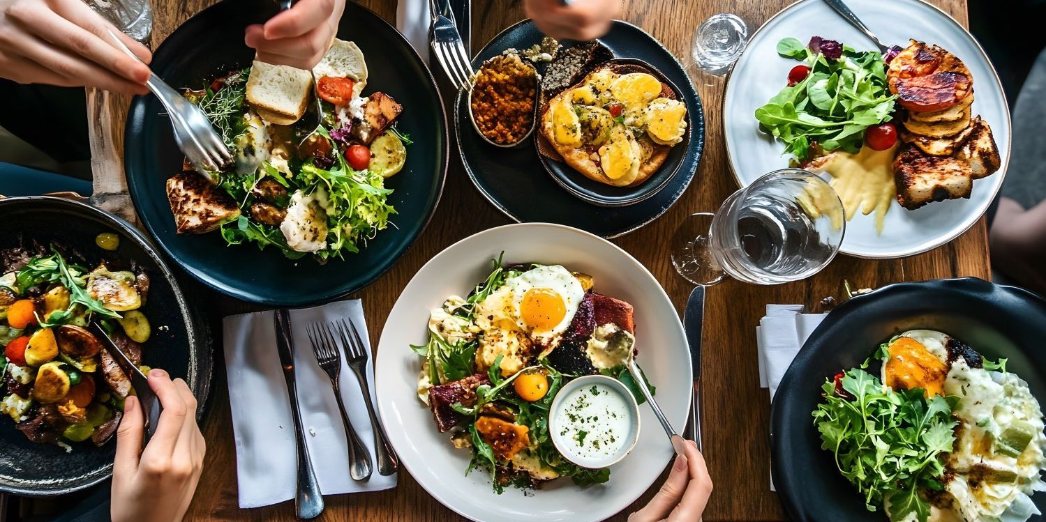 Es wird von oben ein Tisch mit mehreren Tellern mit Essen gezeigt.. Artikel "Mehr Pflanze und weniger Tier – einfach gesund" öffnen.