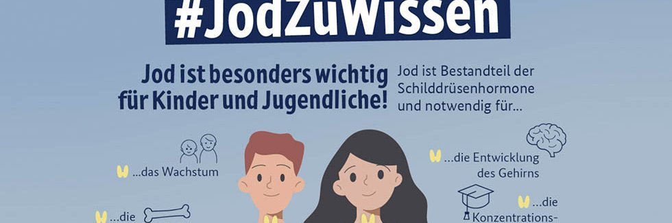 Auf einen graublauen Hintergrund sind ein Junge und ein Mädchen gezeichnet, unter der Überschrift: „Jodzuwissen. Jod ist besonders wichtig für Kinder und Jugendliche“, umgeben von weiteren Hinweisen aus Text und Zeichnungen.