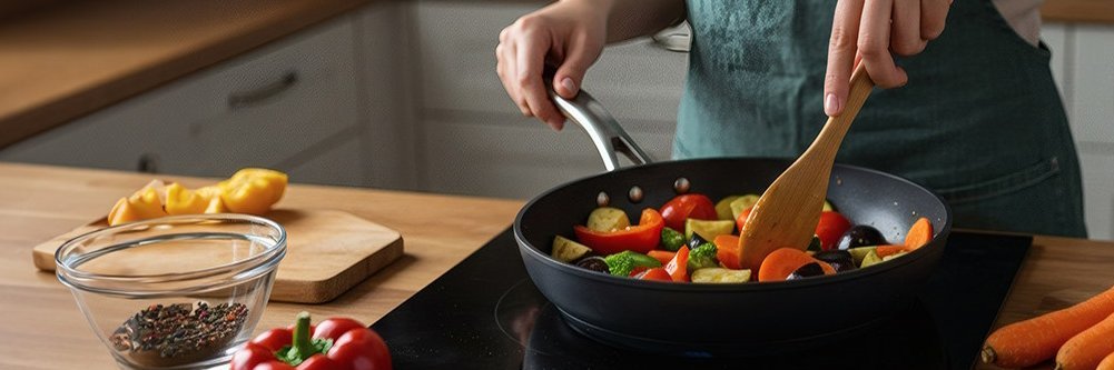 Eine Frau rührt in einer Pfanne mit Gemüse.