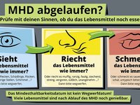 Anhand von Zeichnungen zeigt die Infografik, dass man Lebensmittel mit den Sinnen Sehen, Riechen und Schmecken überprüfen kann.