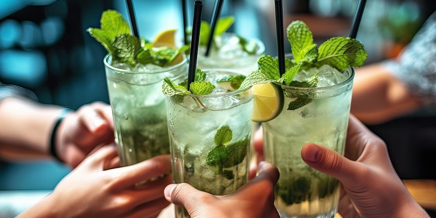 Hände stoßen mit Mojito-Cocktails in großen durchsichtigen Gläsern an.  . Artikel "Kein Alkohol ist auch eine Lösung" öffnen.