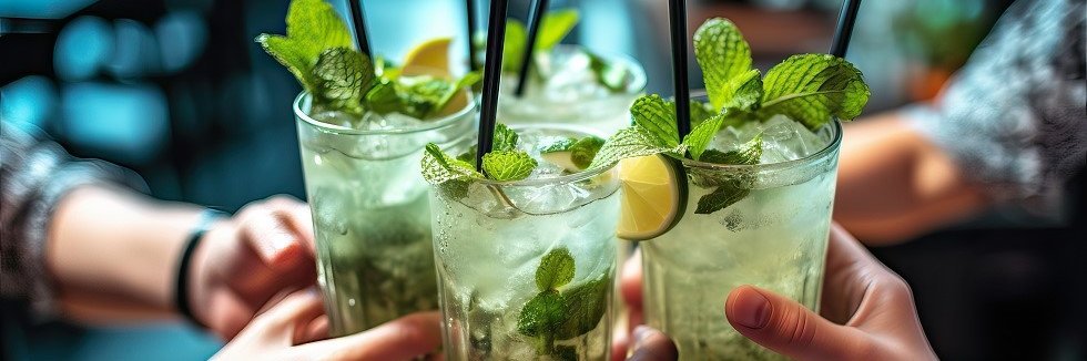 Hände stoßen mit Mojito-Cocktails in großen durchsichtigen Gläsern an.  