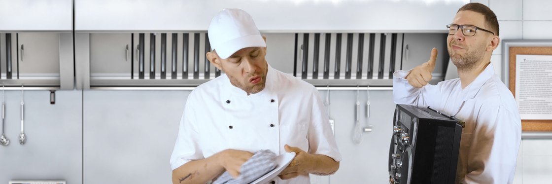 Paul Denkhaus in seinen Rollen als Prof und Koch mit Ghettoblaster