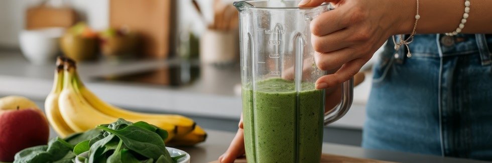 Eine Frau bereitet einen grünen Smoothie in einem Mixer zu. Vor ihr auf der Küchenarbeitsplatte stehen eine weiße Schale mit Spinat, Bananen und ein Apfel.