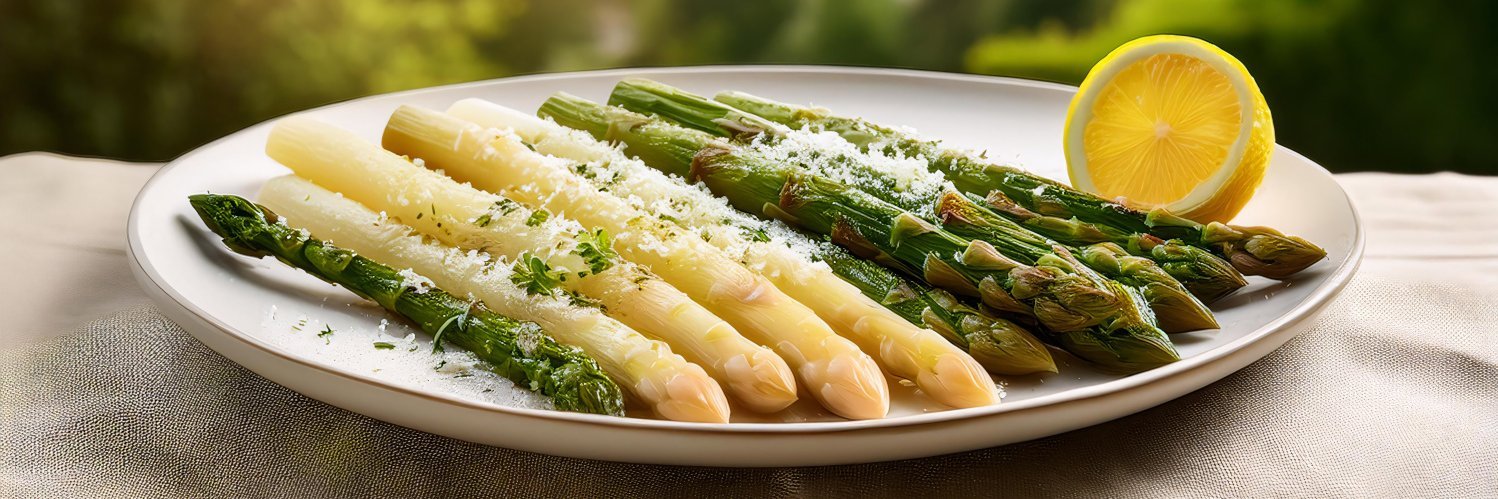 Grüner und weißer Spargel liegen zusammen mit einer halben Zitrone auf einem Teller.