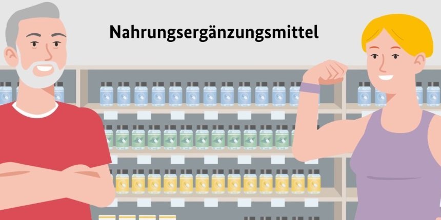 Ein gezeichnetes Bild mit einem Mann und einer Frau vor einem Regal mit Ampullen und Fläschchen. Der Mann ist alt und die Frau ist jung und hält ihren muskulösen Arm nach oben.. Artikel "Für wen sind Nahrungsergänzungsmittel sinnvoll?" öffnen.