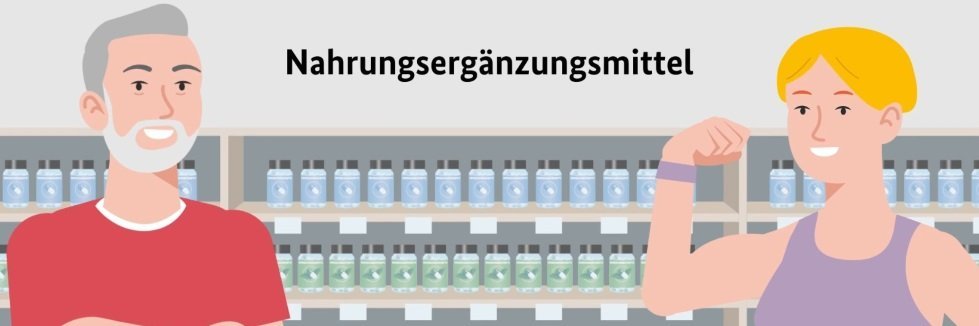 Ein gezeichnetes Bild mit einem Mann und einer Frau vor einem Regal mit Ampullen und Fläschchen. Der Mann ist alt und die Frau ist jung und hält ihren muskulösen Arm nach oben.