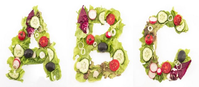 verschiedene Gemüsesorten als Buchstaben A, B und C gelegt