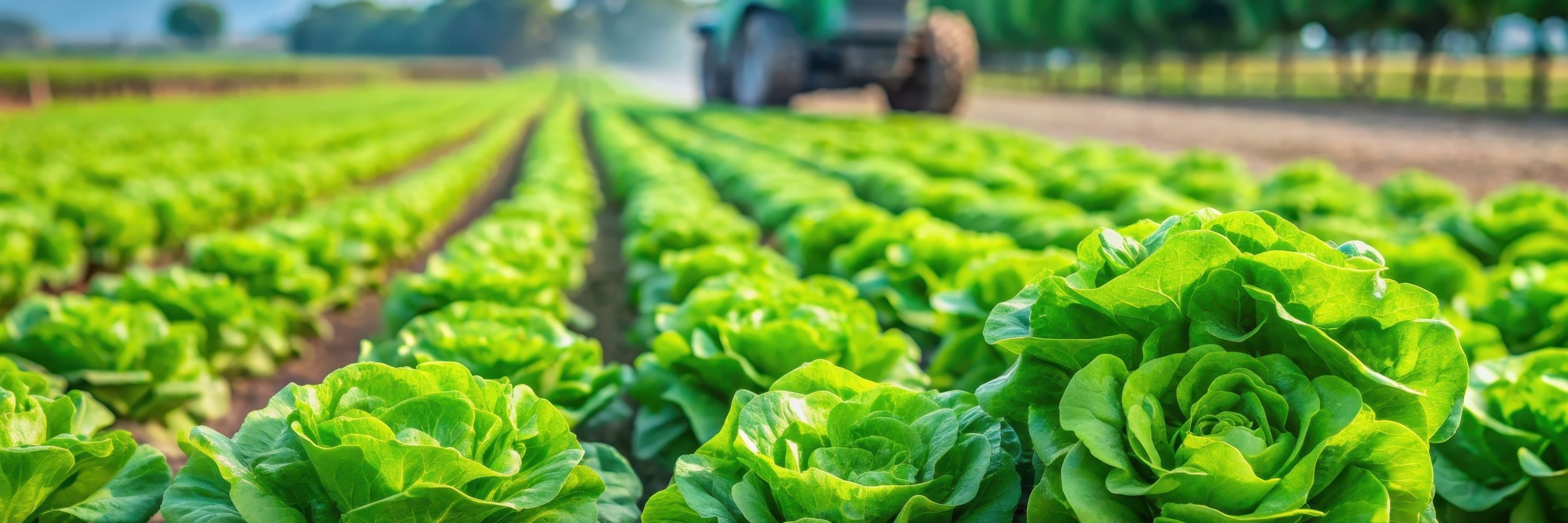 Ein Feld, auf dem Kopfsalat wächst. Im Hintergrund ein Traktor.