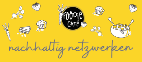 Grafik mit Schriftzug Foodie Café und nachhaltig netzwerken auf gelbem Hintergrund
