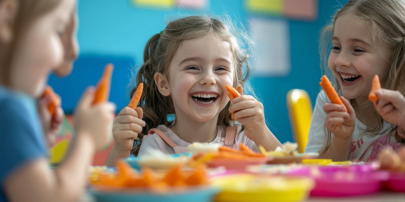 Mehrere Mädchen sitzen am Tisch, essen Möhren und lachen.. Artikel "Grundschule" öffnen.