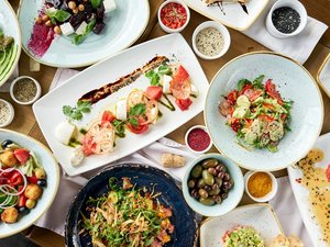 Mehrere weiße Teller und Schüsseln mit vegetarischen Speisen stehen durcheinander auf einem Tisch.