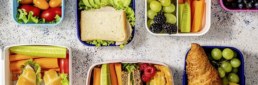 Auf einem hellen Untergrund sind Ausschnitte verschiedener Brotdosen zu sehen, gefüllt mit belegten Broten, Rohkost und Obst.