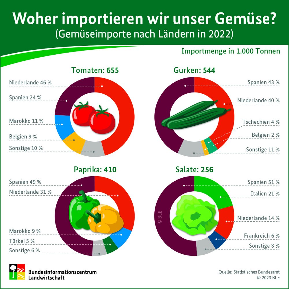 Die Infografik zeigt, zu wieviel Prozent Tomaten, gurken, Paprika und Salate aus anderen Ländern zu uns nach Deutschland importiert werden.