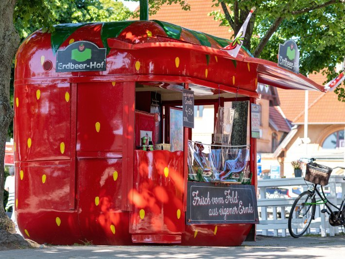 Erdbeerstand, an dem frische Erdbeeren direkt vom Feld angeboten werden.