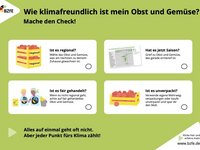 Mit vier praktischen Klimatipps hilft die Infografik, nachhaltiges Handeln beim Einkauf bei der Auswahl von Obst und Gemüse umzusetzen.