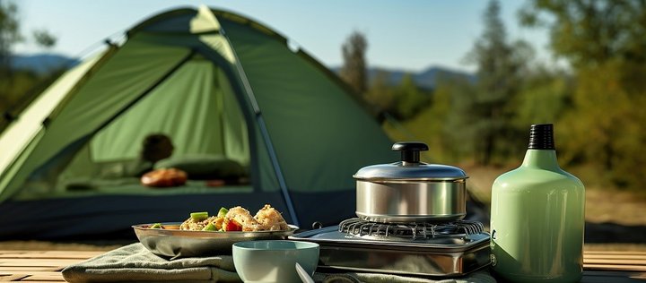Vor einem grünen Zelt steht auf einem Tisch ein Gaskocher mit einem Topf, eine Tasse, ein gefüllter Teller und ein grünes Gefäß.