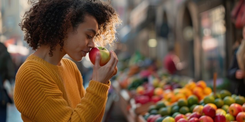 Eine Frau mit Locken und dunkler Hautfarbe und gelben Strickpullover steht links vor einem Gemüsestand draußen. Sie riecht an einem Apfel. Eine Frau hinter dem Stand beobachtet sie.. Artikel "Lebensmittel selten durch Rückstände von Pflanzenschutzmitteln belastet" öffnen.