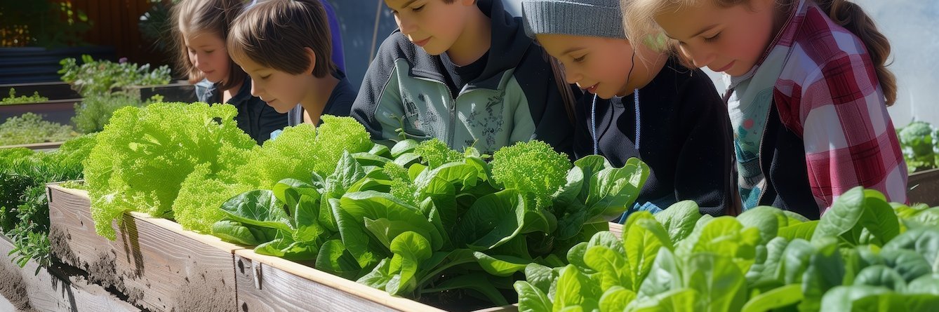 Sechs Kinder stehen in einer Reihe vor einem Hochbeet und schauen sich den Salat an.