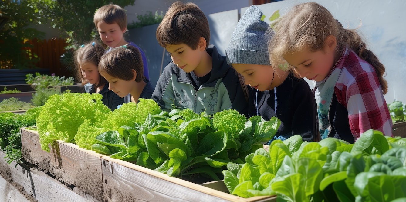 Sechs Kinder stehen in einer Reihe vor einem Hochbeet und schauen sich den Salat an.. Artikel "Gartenideen für eine essbare Schule " öffnen.