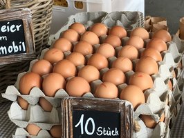 Mehrere Paletten Eier übereinander auf einem Verkaufstisch auf dem Bauernmarkt.