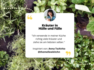 Kräuter und darauf ein Feld mit dem Text und einem Zitat von Anna Tschirko: Kräuter in Hülle und Fülle "ich verwende in meiner Küche richtig viele Kräuter und ziehe sie am liebsten selber".