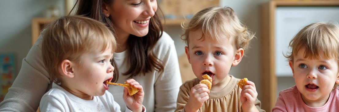 Drei Kitakindern probieren in Begleitung ihrer Erzieherin Brot und Obst.