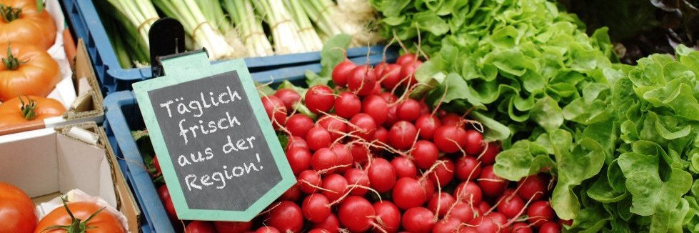 In Gemüsekisten liegen Tomaten, Radieschen, Lauchzwiebeln und Salatköpfe dazu ein Schild mit der Aufschrift: Täglich frisch aus der Region.