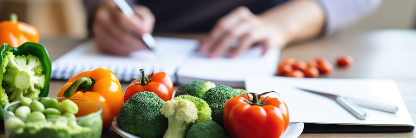Das Titelbild des BZfE-Lernportals zeigt Rohkost auf einem Teller. Im Hintergrund ist verschwommen eine Person zu sehen, die schreibt.
