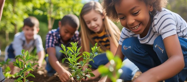 Vier Kinder arbeiten mit den Pflanzen im Schulgarten
