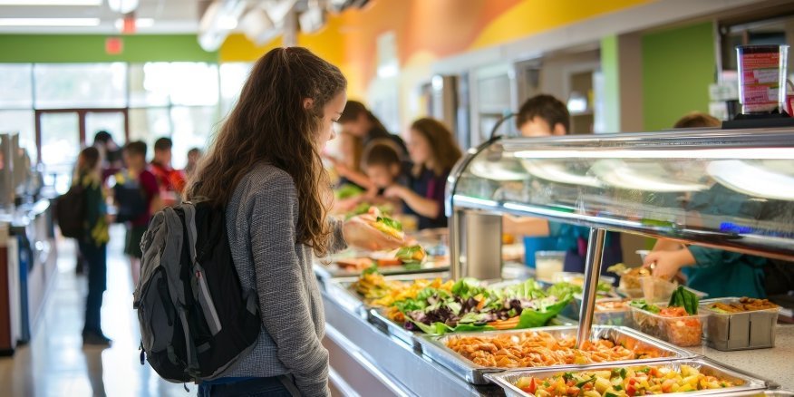 Eine Schülerin steht in einer Mensa vor der Essensausgabe mit Salat- und Gemüseangebot. . Artikel "Strukturen stärken, Menschen zusammenbringen, Ernährung transformieren" öffnen.