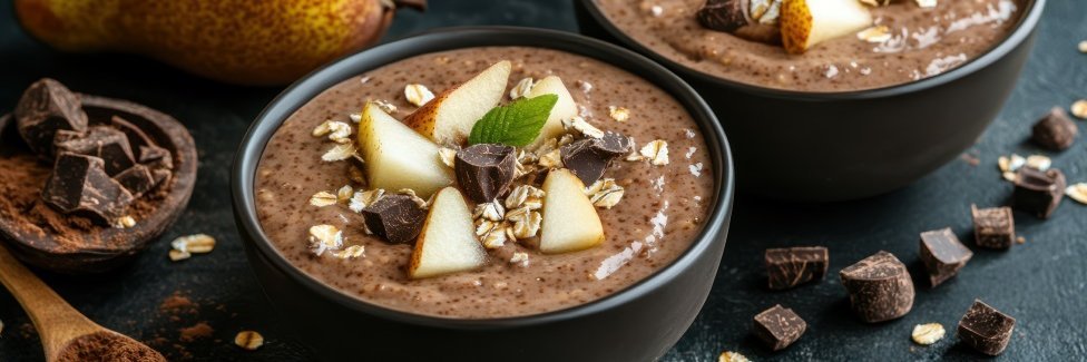 Zwei schwarze Schalen mit Chia-Schokoladenpudding, mit Birnenwürfeln und Schokostückchen dekoriert, auf einer dunklen Tischplatte, daneben liegt eine Birne.