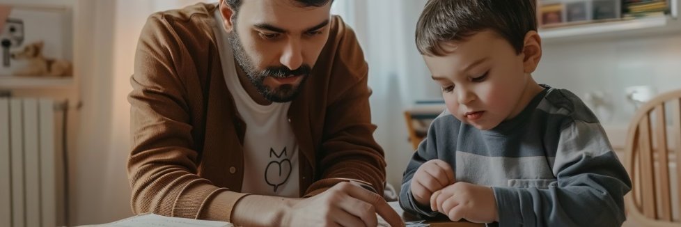 Ein Erwachsener und ein Kindergartenkind sitzen an einem Küchentisch und beschäftigen sich mit Stickerbögen.