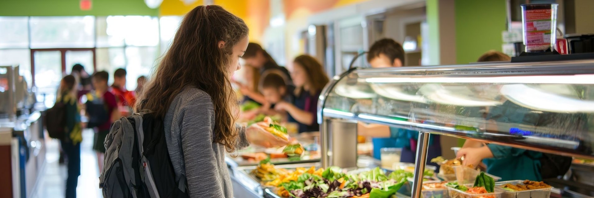 Ein Mädchen schaut sich das Angebot in der Theke der Schul-Cafeteria an.