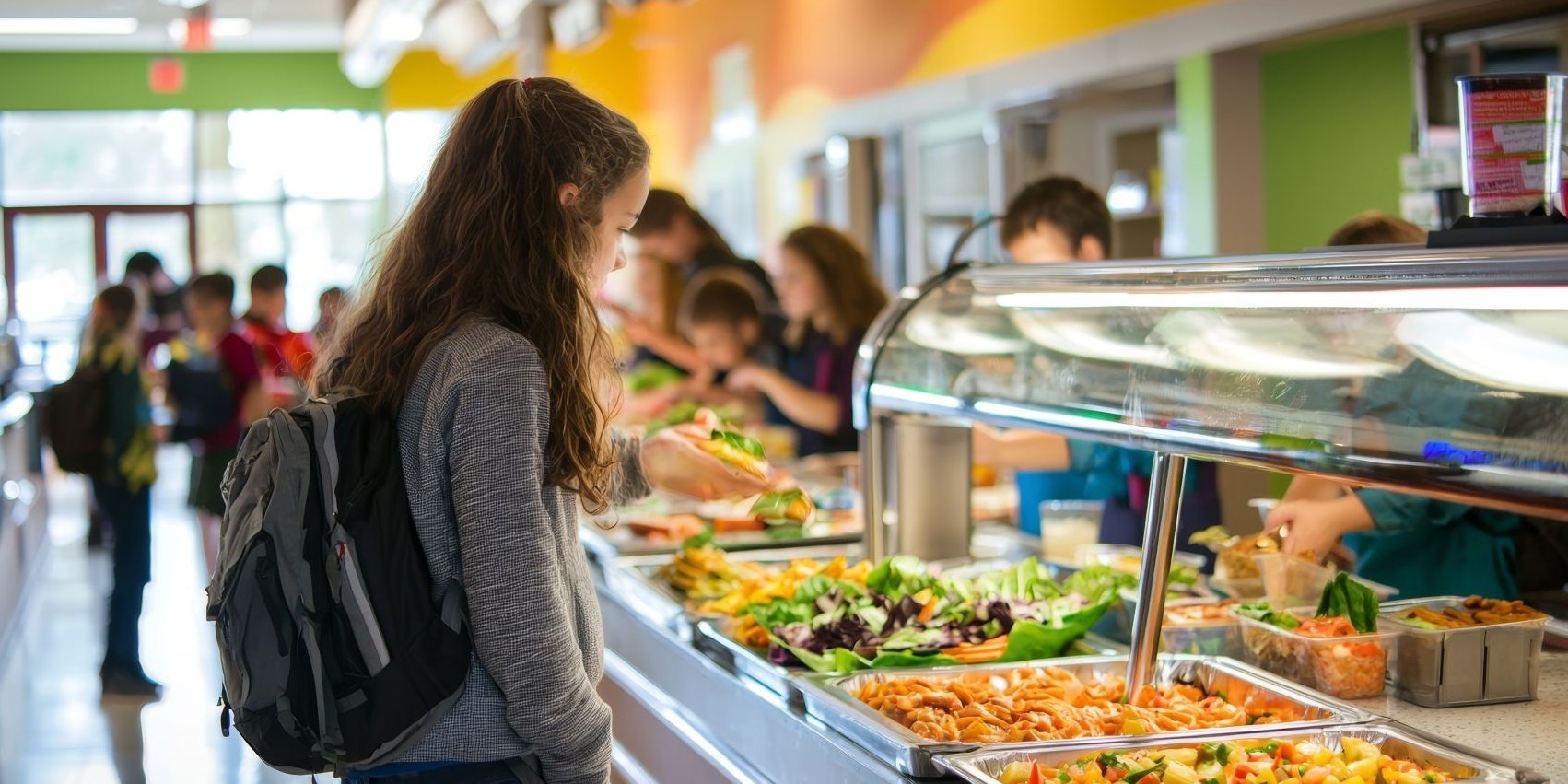 Ein Mädchen schaut sich das Angebot in der Theke der Schul-Cafeteria an.. Artikel "Nachhaltige Gemeinschaftsverpflegung" öffnen.