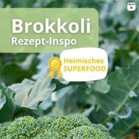 Grafik mit einem Brokkoli und dem Text: Brokkoli Rezept Insto, heimisches Superfood.