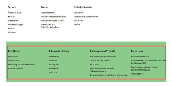 Screenshot der Fußzeile unterer Teil auf bzfe.de