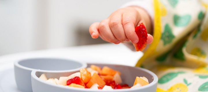 Eine Kleinkindhand hebt ein Stück Erdbeere aus einer weißen Schüssel mit Obststücken.