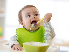 Ein Baby leckt Brei von einem Löffel.