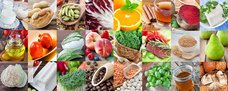 Eine Collage zeigt Fotos verschiedener Lebensmittel, von Obst und Gemüse über Milchprodukte, Fleisch, Nüsse und Hülsenfrüchte bis zu Brot.