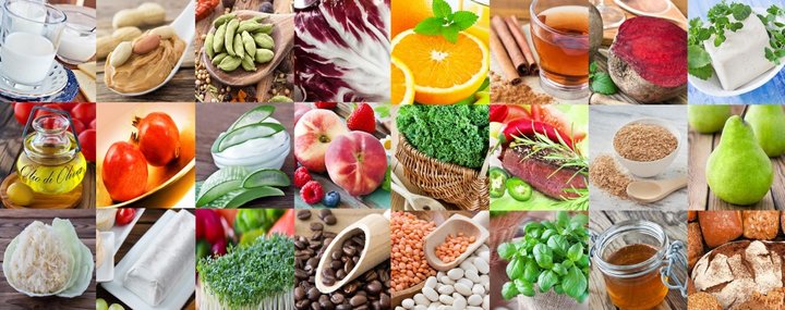 Eine Collage zeigt Fotos verschiedener Lebensmittel, von Obst und Gemüse über Milchprodukte, Fleisch, Nüsse und Hülsenfrüchte bis zu Brot.