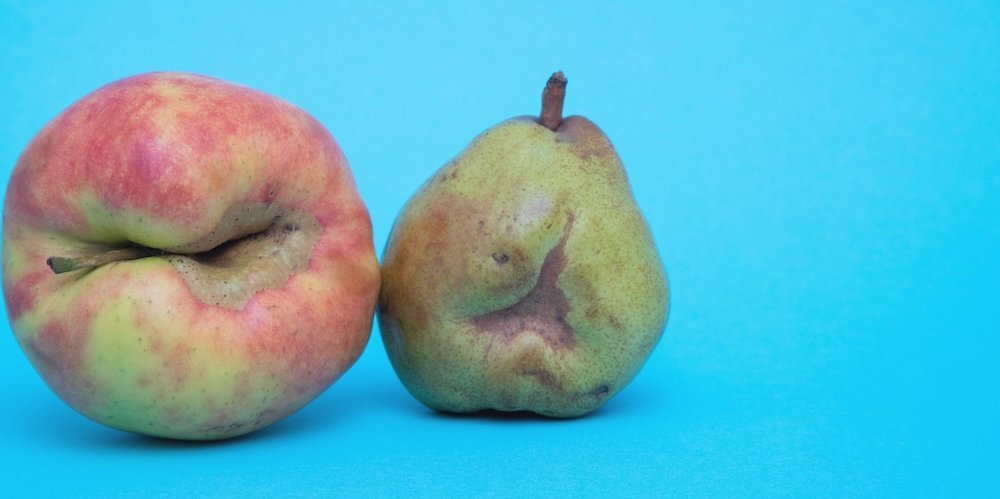 Ein Apfel und eine Birne mit natürlichen Verwachsungen.. Artikel "Muss Obst immer schön sein?" öffnen.