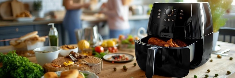 Eine Heißluftfritteuse steht auf einer Arbeitsplatte in der Küche. Um sie herum befinden sich Teller, Schalen und Brettchen mit Lebensmitteln wie beispielsweise Tomaten, Salat und Brötchen. 