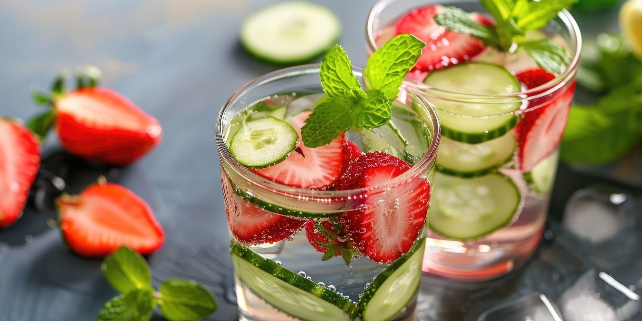 Auf einem dunklen Holztisch stehen zwei Gläser mit Mineralwasser, Erdbeer- und Gurkenscheiben sowie Minzstängeln. Neben den Gläsern liegen weitere Erdbeeren, Zitrone und Eiswürfel. . Artikel "Coole Drinks für die Sommerzeit" öffnen.