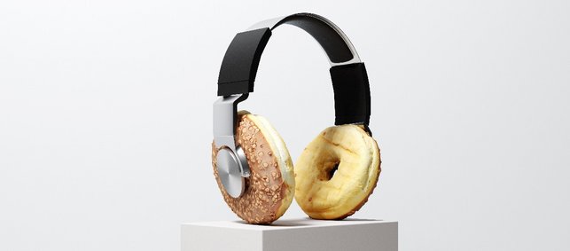 Ein Headset. Die Kopfhörer sind Donuts.