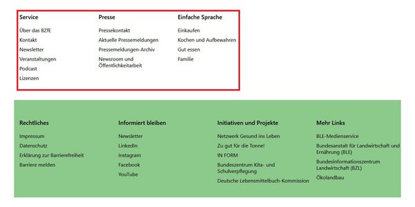 Screenshot der Fußzeile oberer Teil auf bzfe.de