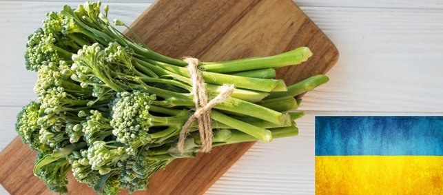 Broccolini liegen auf einem Holzbrett. Aus Solidarität haben wir in diesem Bild die ukrainische Fahne in der rechten Ecke mit abgebildet