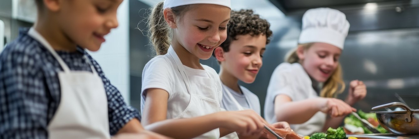 Schülerinnen und Schüler kochen in professioneller Kochkleidung.