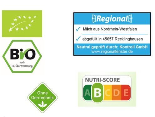 Bio-Siegel, Regionalsiegel, Nutri-Score und Siegel ohne Gentechnik auf weissem Grund.